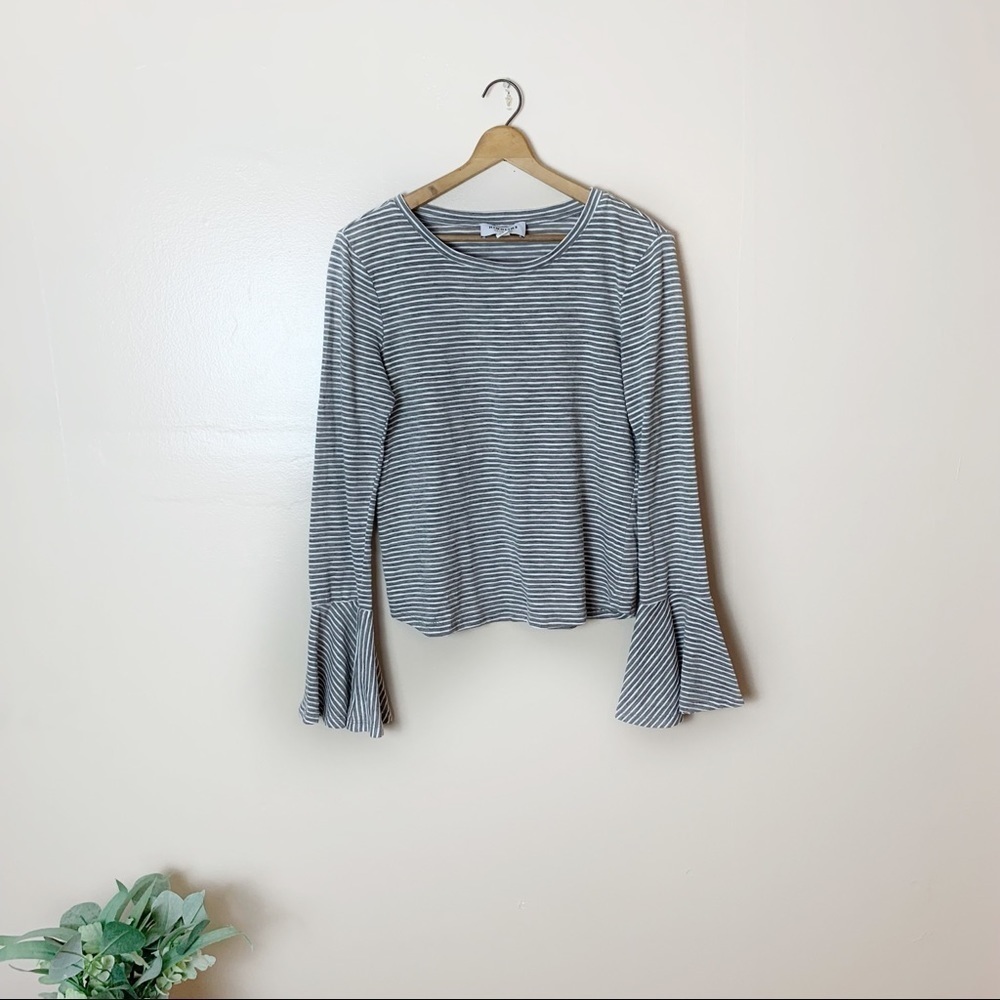 [Highline Collective] Gray & White Striped Bell Sleeve Top